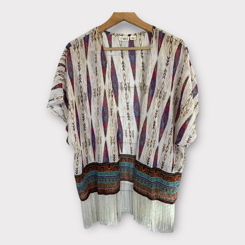 Cato Womens size Small Aztec Fringe Sheer Cardigan Kimono Southwestern